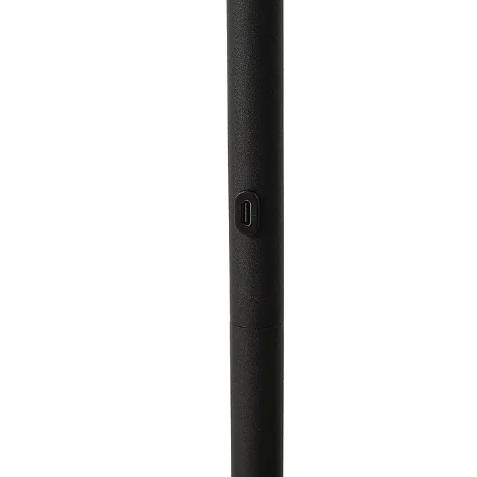 Lindby LED Stehlampe Wohnzimmer in schwarz, transparent, dimmbar -  - Schwarzes zylindrisches Gerät mit ovalem Ladeanschluss.