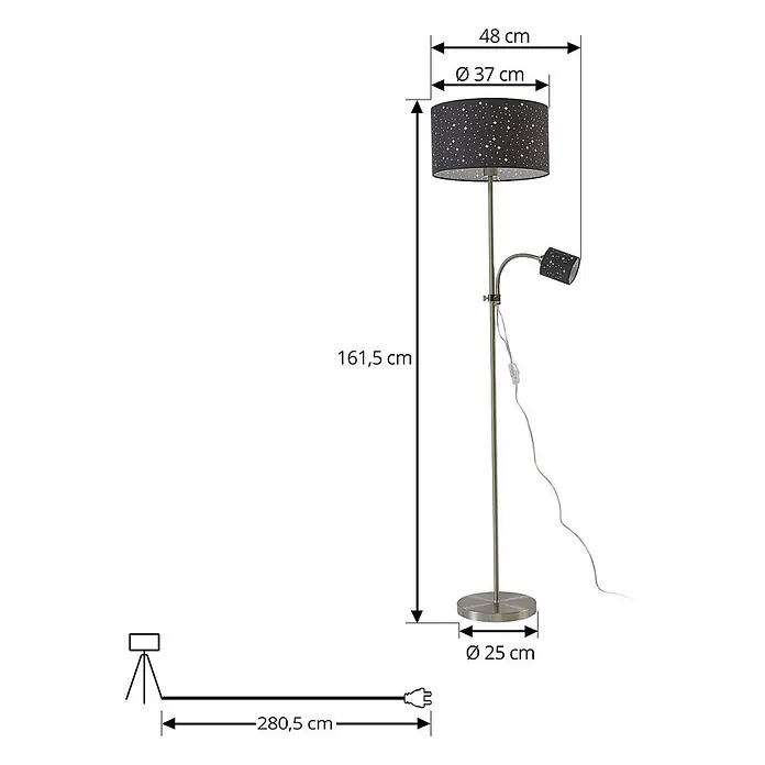 Lindby Stehlampe Wohnzimmer in nickel matt, grau, up down Stehleuchte -  - Silberne Stehlampe mit zwei dunklen Lampenschirmen mit Sternmuster, einem großen Deckenfluter und einer verstellbaren Leselampe.