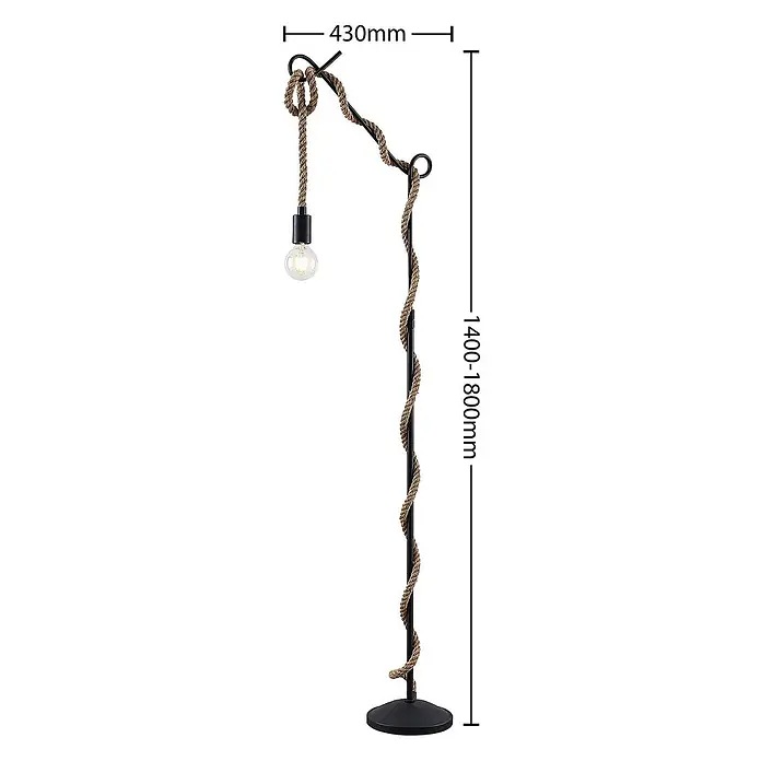 Lucande Stehlampe Wohnzimmer in schwarz, hellbraun, Stehleuchte -  - Verstellbare Stehlampe aus schwarzem Metall mit naturfarbenem, seilummanteltem Kabel und sichtbarer Glühbirne.