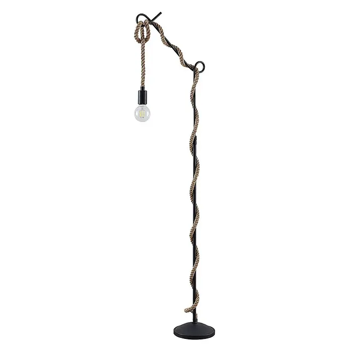 Lucande Stehlampe Wohnzimmer in schwarz, hellbraun, Stehleuchte -  - Stehleuchte aus schwarzem Metall mit dekorativ umwickeltem Seilstiel und einer hängenden Glühbirne.