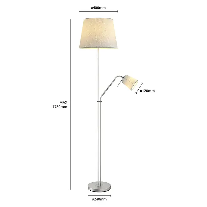 Lindby Stehleuchte Nantwin - alu / grau / zink, alu / grau / zink, E27 - Silberne Stehlampe mit zwei Stoffschirmen, einem großen Uplighter und einer kleineren, verstellbaren Leselampe.