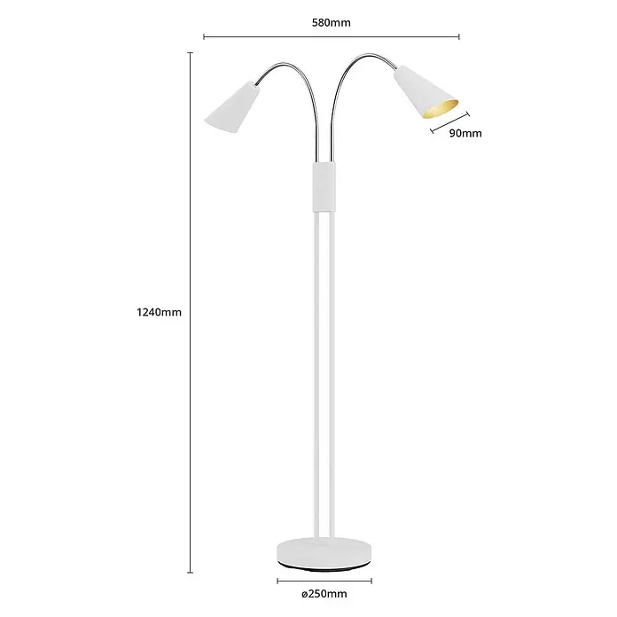 Lucande Stehleuchte Medira - weiß / opal, weiß / opal, GU10 - Weiße Stehlampe mit zwei silbernen Schwanenhälsen und verstellbaren weißen Kegelschirmen, einer mit goldener Innenseite.