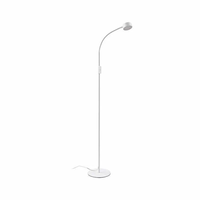 Lindby LED Stehlampe Wohnzimmer in weiß, dimmbar Stehleuchte -  - Weiße, schlanke Stehleuchte mit gebogenem Arm, rundem Leuchtenkopf und kreisförmigem Fuß, mit einem Schnurschalter am Gestell.