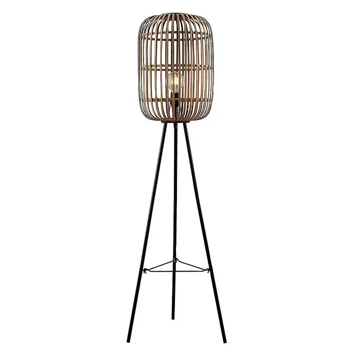 Lindby Stehlampe Wohnzimmer, Tripod in creme, schwarz, Stehleuchte -  - Stehleuchte mit zylindrischem Bambuskäfigschirm und schwarzen Dreibeinstativbeinen, leuchtet mit sichtbarer Glühbirne.