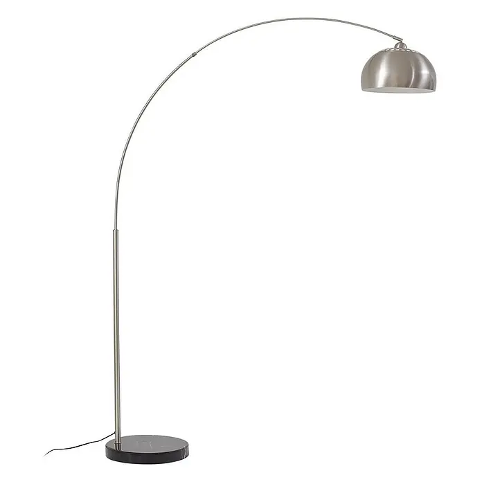 Lindby Stehlampe in nickel, schwarz, Bogenlampe Wohnzimmer -  - Bogenförmige Stehlampe aus gebürstetem Silber mit geschwungenem Arm und schwarzem Marmorsockel.