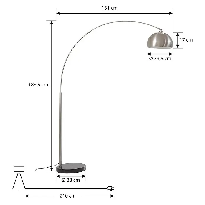 Lindby Stehlampe in nickel, schwarz, Bogenlampe Wohnzimmer -  - Metallische Bogenstehleuchte mit gewölbtem Schirm und dunklem Rundsockel.