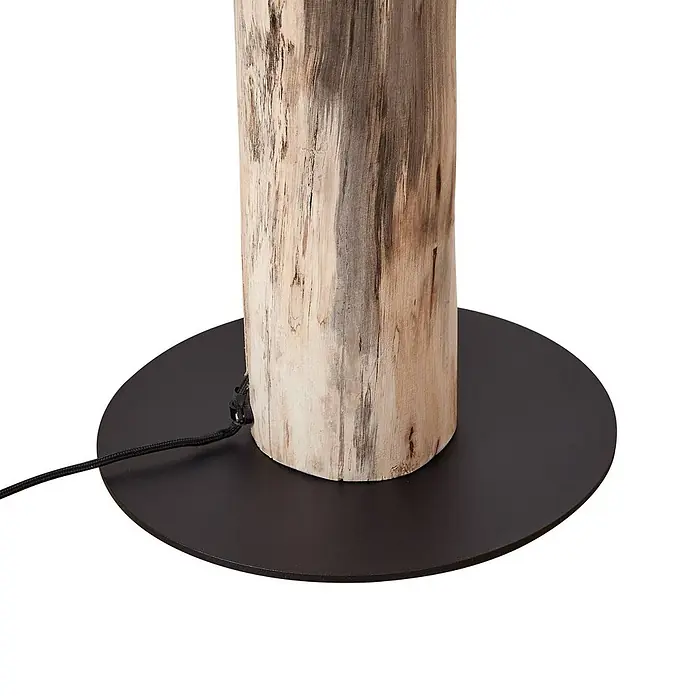Lucande Stehlampe Wohnzimmer in creme, holz, Stehleuchte -  - Lampenfuß aus Naturholzstamm und runder schwarzer Metallplatte, mit schwarzem Kabel.