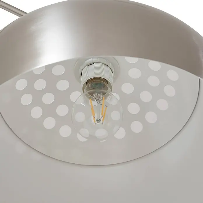 Lindby Stehlampe in nickel, schwarz, Bogenlampe Wohnzimmer -  - Gebürsteter Metall-Lampenschirm mit weißem Lochdiffusor, mit einer klaren LED-Filamentbirne.
