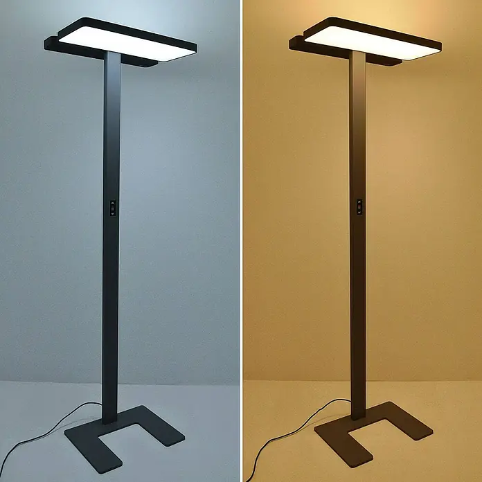 Arcchio Stehleuchte Aila - schwarz, schwarz - Moderne schwarze Stehlampe mit rechteckigem LED-Panel, einstellbar zwischen kaltem und warmem Weißlicht.