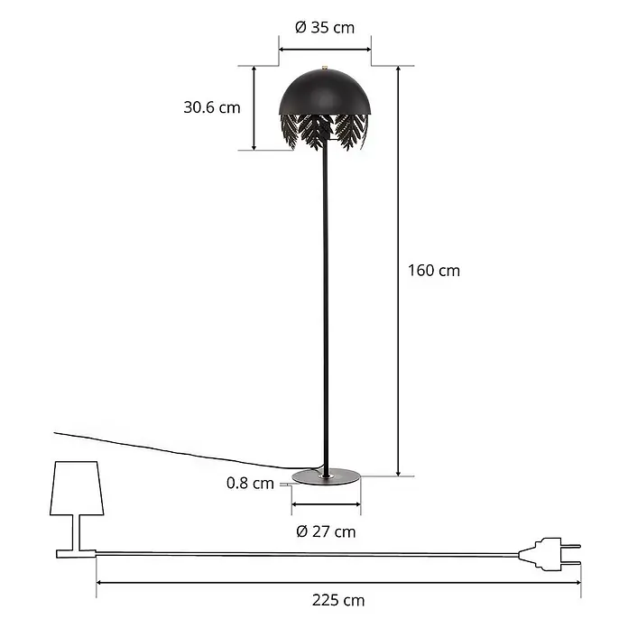 Lucande Stehleuchte Aparas - schwarz, schwarz, E27 - Schwarze Metall-Stehlampe mit Kuppelschirm und dekorativen Blattausschnitten.