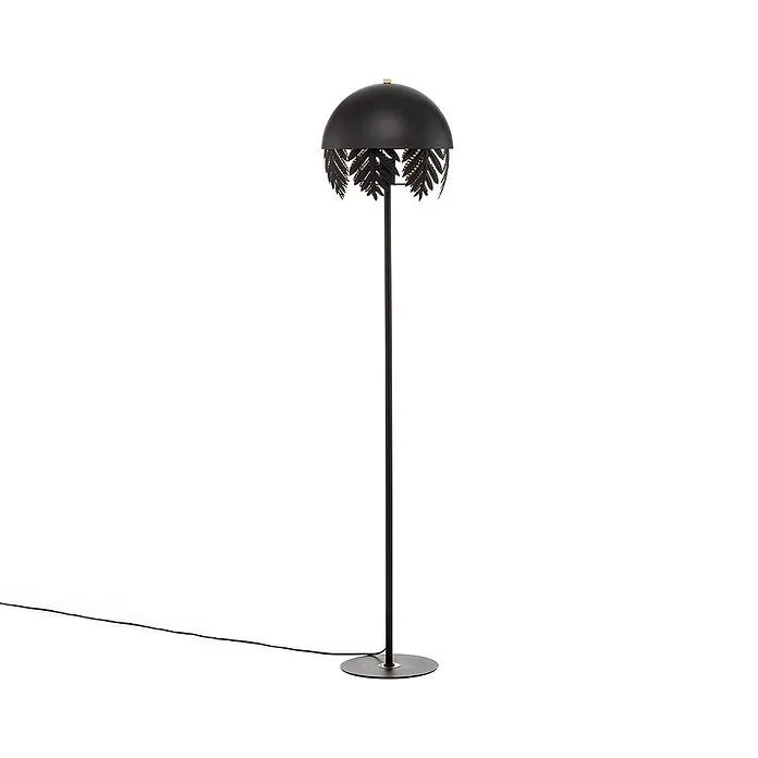 Lucande Stehleuchte Aparas - schwarz, schwarz, E27 - Schwarze Stehleuchte mit Kuppelschirm und goldenen Blattausschnitten, schlankem Fuß und rundem Sockel.