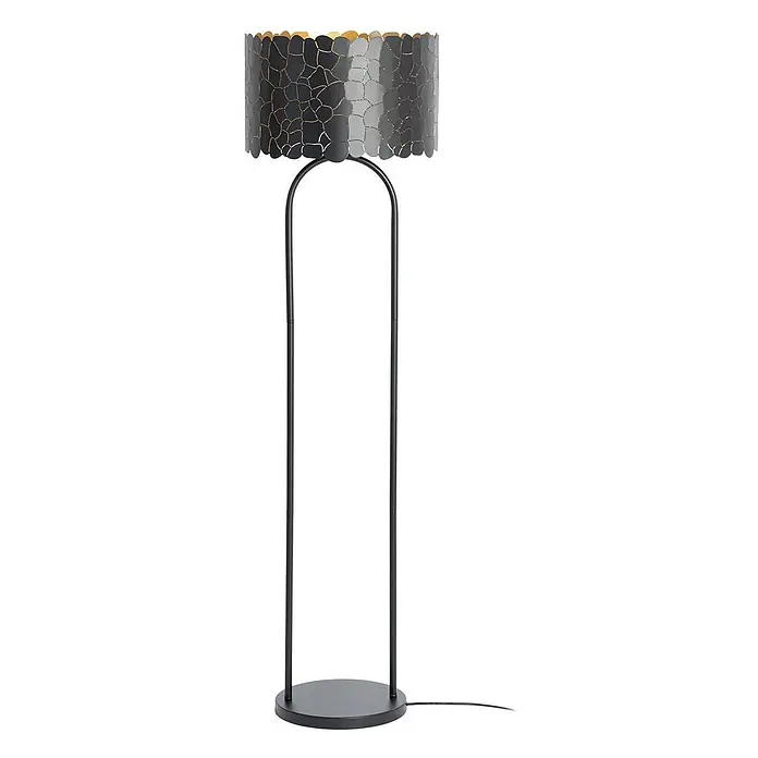 Lindby Stehlampe Wohnzimmer in schwarz, gold, Stehleuchte -  - Schwarze Stehlampe aus Metall mit einem dekorativen zylindrischen Lampenschirm. Der Schirm ist grau mit goldfarbenen Adernmustern und gewelltem Rand.