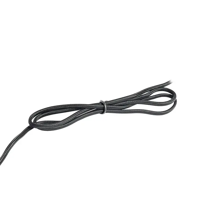 Lindby Stehlampe Wohnzimmer in schwarz, gold, Stehleuchte -  - Schwarzes geflochtenes Kabel, aufgerollt und mit einem dunklen Ringband gesichert.