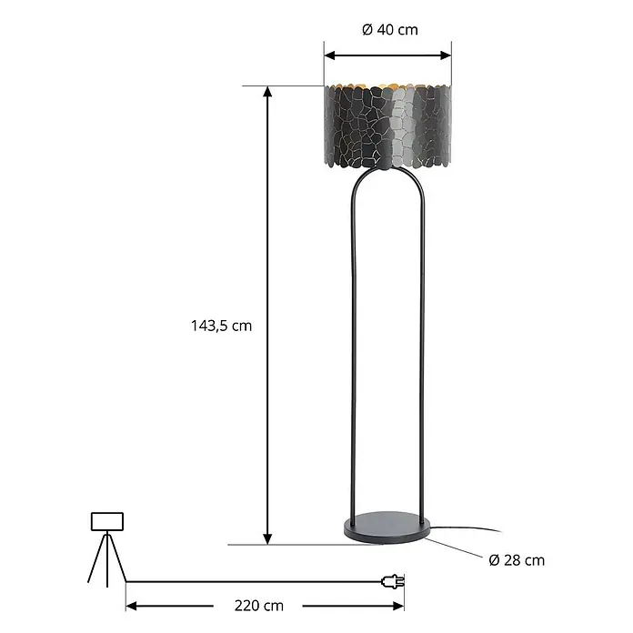 Lindby Stehlampe Wohnzimmer in schwarz, gold, Stehleuchte -  - Dunkle Metall-Stehleuchte mit gemustertem Schirm und rundem Sockel.