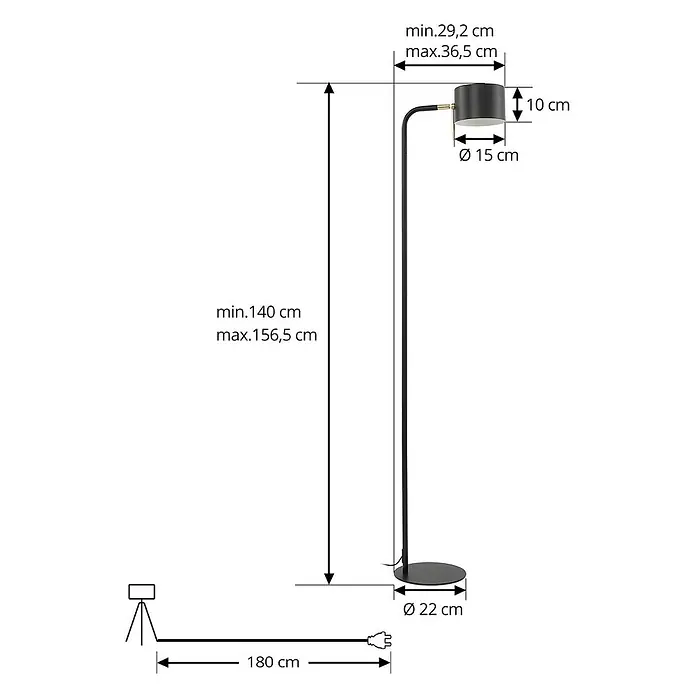 Lindby Stehlampe Wohnzimmer in schwarz, Stehleuchte -  - Verstellbare schwarze Stehleuchte mit Ø15x10cm Zylinderkopf, Ø22cm Rundfuß und 180cm Kabel. Höhe einstellbar 140-156,5cm, Ausladung 29,2-36,5cm.