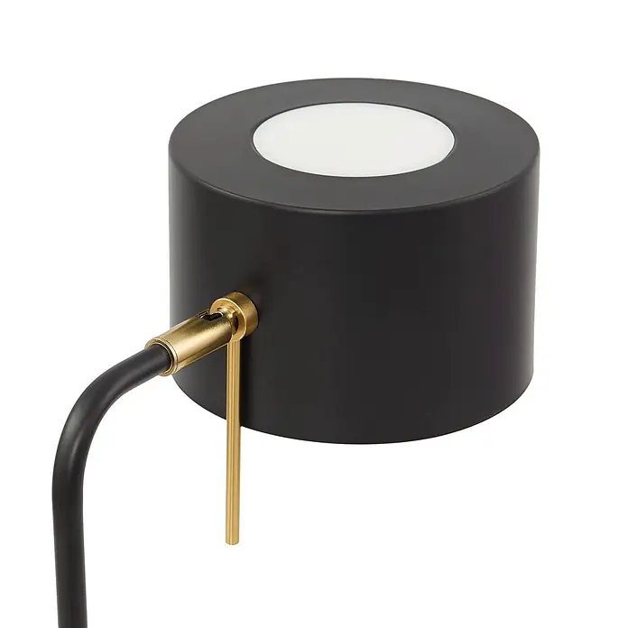 Lindby Stehlampe Wohnzimmer in schwarz, Stehleuchte -  - Schwarzer zylindrischer Lampenkopf mit weißem Diffusor oben, verbunden durch Messingbeschläge.