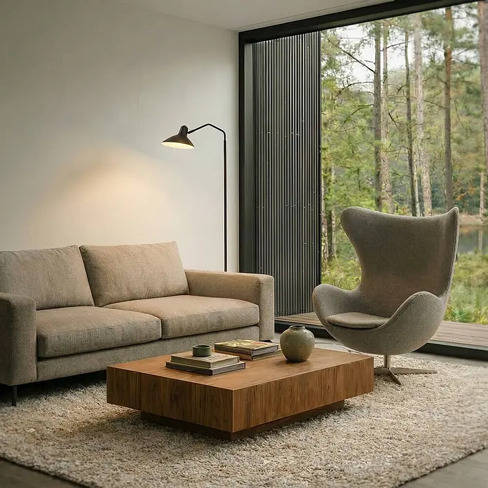 Lindby Stehleuchte Adrik - schwarz, schwarz, E27 - Ein rechteckiger Couchtisch aus Holz in einem modernen Wohnzimmer mit Sofa, Sessel und großem Fenster mit Wald- und Seeblick.