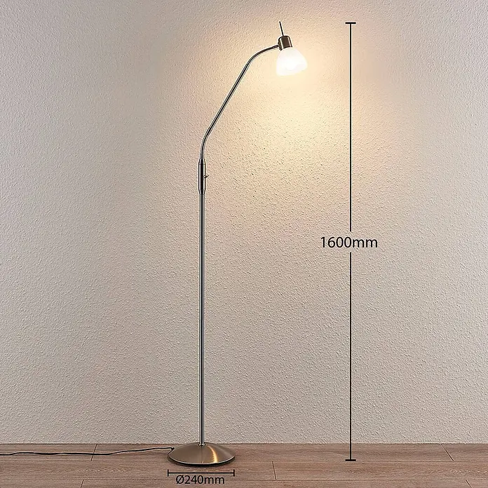 Lindby Stehlampe verstellbar, Standleuchte nickel satiniert 160 cm, 1x E14 -  - Moderne Stehleuchte aus Metall mit weißem Glasschirm, 1600mm hoch, Ø240mm Fuß.