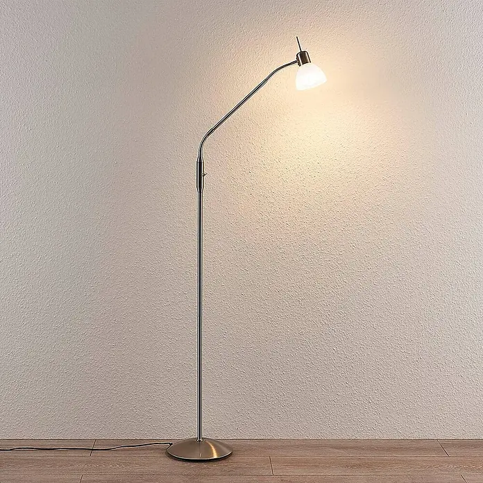 Lindby Stehlampe verstellbar, Standleuchte nickel satiniert 160 cm, 1x E14 -  - Stehleuchte aus gebürstetem Metall mit verstellbarem Arm und weißem Glasschirm, spendet warmes Licht.
