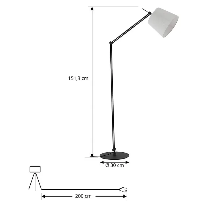 Lucande Stehleuchte Caelia - schwarz, weiß / opal, E27 - Verstellbare schwarze Stehleuchte mit weißem Schirm, rundem Sockel. H 151,3 cm, Ø 30 cm, 200 cm Kabel.