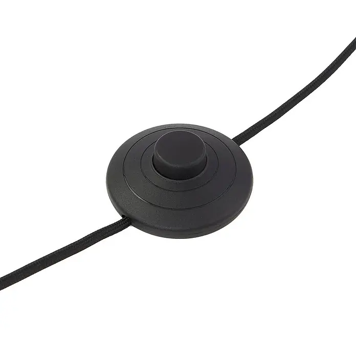 Lindby Stehlampe Wohnzimmer in schwarz, Stehleuchte -  - Schwarzer runder Kunststoff-Fußschalter für eine Lampe, integriert in ein geflochtenes Stromkabel.