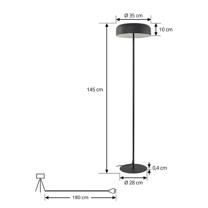 Lindby Stehlampe Wohnzimmer in schwarz, Stehleuchte -  - Schwarze Stehlampe aus Metall mit rundem Fuß und flachem, runden Schirm. 145 cm hoch, mit 180 cm Kabel.