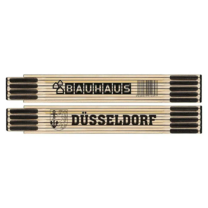 BAUHAUS Zollstock - Düsseldorf, 2 m - Holzgliedermaßstab mit den Aufschriften „Bauhaus“ und „Düsseldorf“. Ideal für Handwerker und Heimwerker mit Stil.