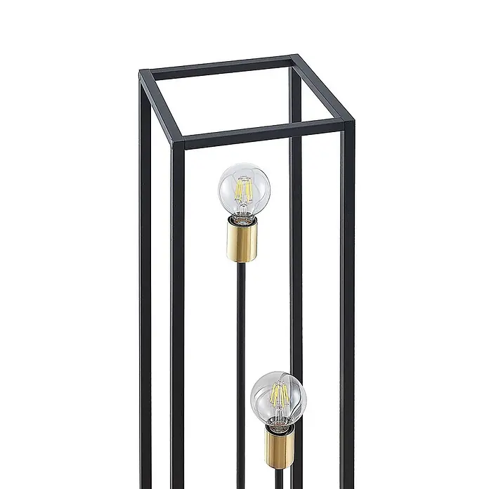 Lindby Stehlampe Wohnzimmer in schwarz matt, Stehleuchte -  - Schwarze Stehleuchte mit Metallrahmen und zwei sichtbaren LED-Glühbirnen mit Messingsockeln.