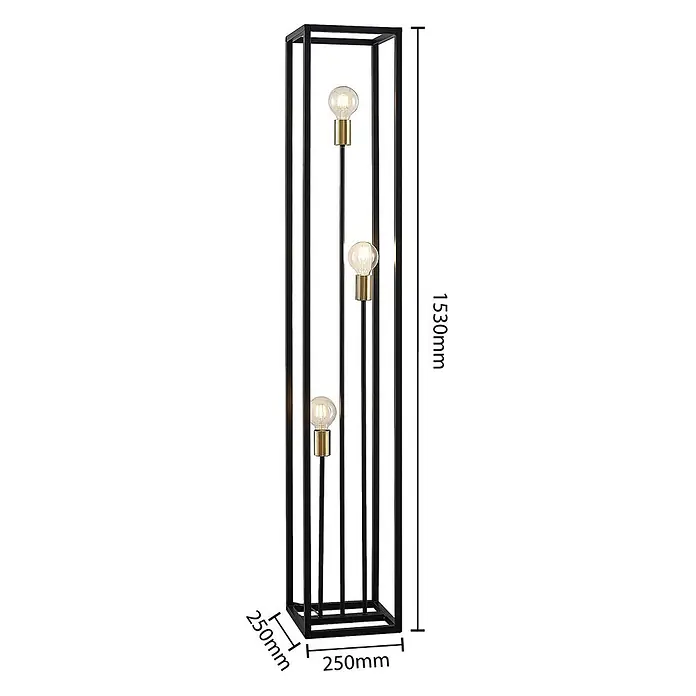 Lindby Stehlampe Wohnzimmer in schwarz matt, Stehleuchte -  - Hohe, schwarze rechteckige Stehlampe mit drei sichtbaren Glühbirnen und Messingakzenten. 1530mm hoch, 250x250mm Basis.