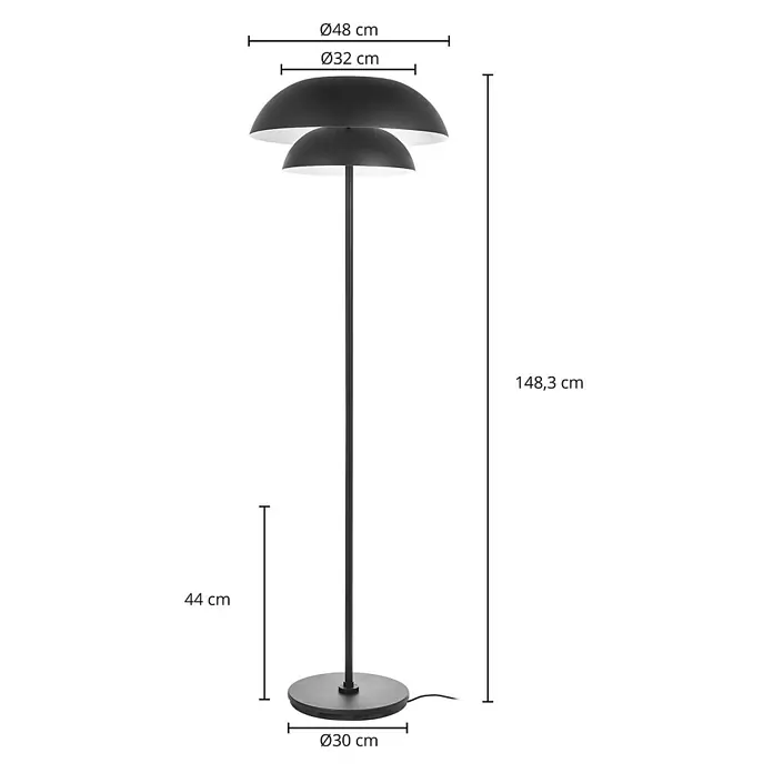Lucande Stehlampe Wohnzimmer in schwarz, Stehleuchte -  - Schwarze Stehleuchte aus Metall mit doppelten Pilzschirmen und rundem Fuß.