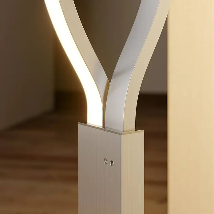 Lindby LED Stehlampe dimmbar per Touchschalter, Stehleuchte 150 cm, Büro -  - Moderne LED-Stehleuchte aus gebürstetem Metall mit integrierten Lichtleisten, im Raum stehend.