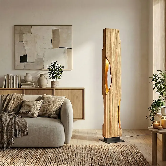 Lucande Stehlampe Wohnzimmer in holz, Stehleuchte -  - Hohe Stehleuchte aus Naturholz mit unregelmäßigen Ausschnitten, die ein warmes goldenes Licht enthüllen, auf einem dunklen Metallsockel im Wohnzimmer.