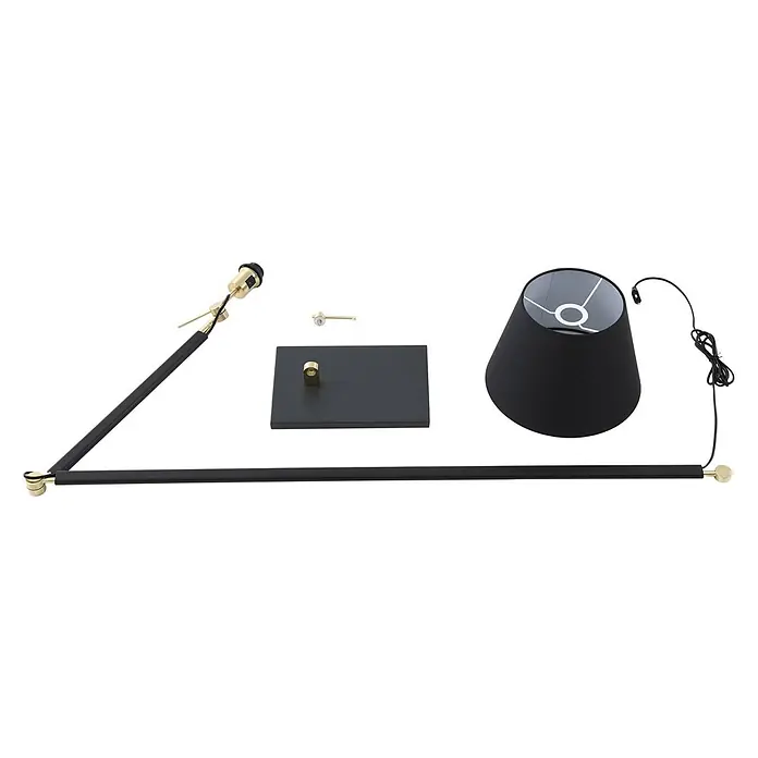 Lucande Stehleuchte Marvaine - schwarz, schwarz, E27 - Zerlegte Schreibtischlampe in Schwarz und Gold: quadratischer Sockel, verstellbarer Arm, Fassung mit Schalter, schwarzer Schirm, Kabel.