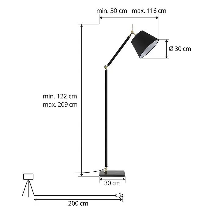 Lucande Stehleuchte Marvaine - schwarz, schwarz, E27 - Verstellbare schwarze Stehlampe mit goldenen Akzenten.