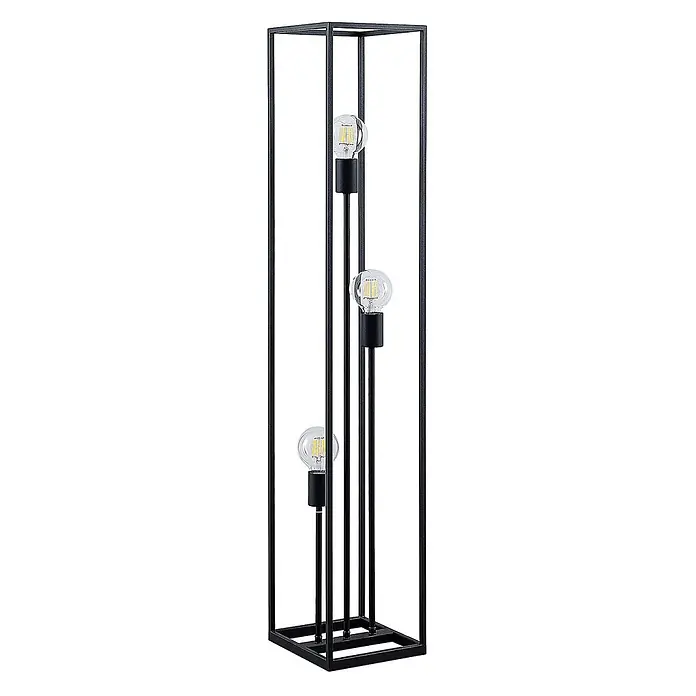 Lindby Stehlampe Wohnzimmer, Stehleuchte schwarz Metall, Ecklampe 3x E27 -  - Schwarze Metall-Stehleuchte mit rechteckigem Käfigdesign und drei sichtbaren LED-Filamentlampen.