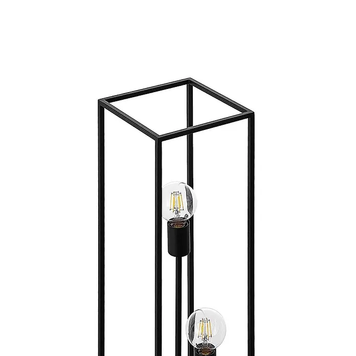 Lindby Stehlampe Wohnzimmer, Stehleuchte schwarz Metall, Ecklampe 3x E27 -  - Lampe aus schwarzem Metallrahmen mit zwei sichtbaren LED-Glühbirnen.