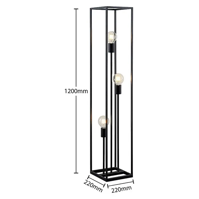 Lindby Stehlampe Wohnzimmer, Stehleuchte schwarz Metall, Ecklampe 3x E27 -  - Hohe schwarze Metall-Stehleuchte mit rechteckigem Käfigrahmen und drei freiliegenden Glühbirnen, 1200mm hoch.