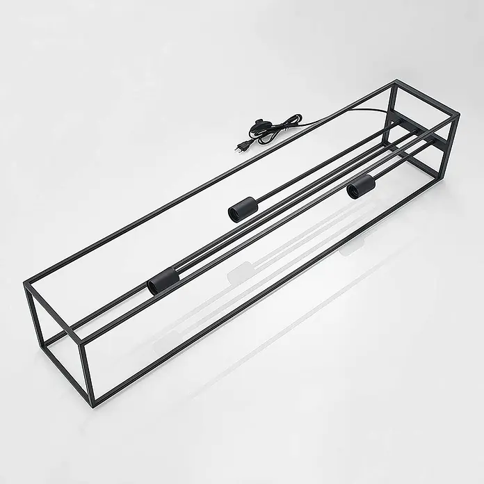 Lindby Stehlampe Wohnzimmer, Stehleuchte schwarz Metall, Ecklampe 3x E27 -  - Schwarze rechteckige offene Lichtleiste mit drei Lampenfassungen und Netzkabel mit Schalter.