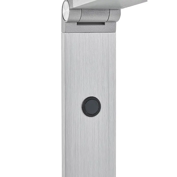 Lucande LED Stehlampe dimmbar, LED Standleuchte, Stehleuchte Arbeitszimmer -  - Gebürsteter silberner Lampenständer mit rundem schwarzem Bedienknopf.