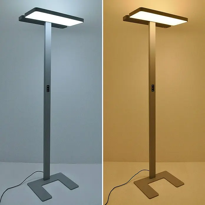 Arcchio LED Stehlampe Büro in silber, weiß, dimmbar Büroleuchte -  - Moderne graue Stehleuchte mit rechteckigem Kopf, zeigt einstellbares kaltweißes und warmgelbes Licht. Bedientasten am Ständer.