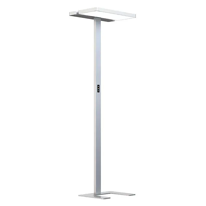Arcchio LED Stehlampe Büro in silber, weiß, dimmbar Büroleuchte -  - Moderne silber-weiße LED-Stehlampe mit rechteckigem Kopf, schlanker Säule und U-förmigem Sockel. Bedienelemente sind an der Säule sichtbar.