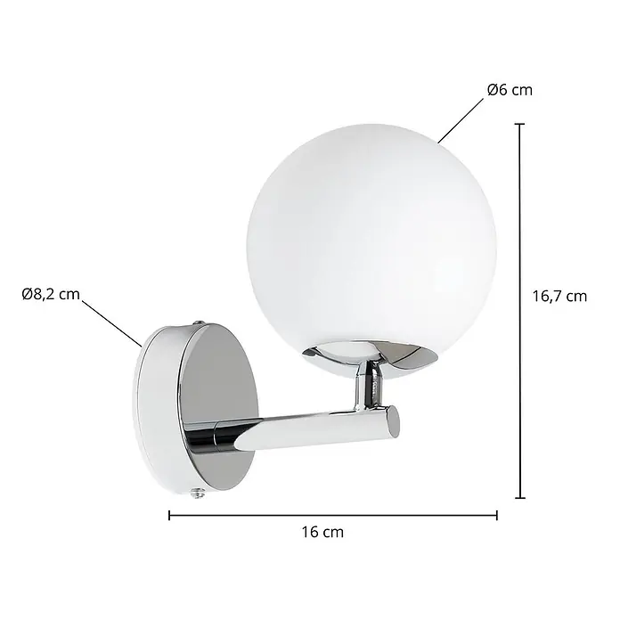 Arcchio LED Wandleuchte innen in chrom, weiß, Wandlampe -  - Chrom-Wandleuchte mit weißem Kugelglas, 16,7 cm hoch und 16 cm tief, mit 8,2 cm Basis.