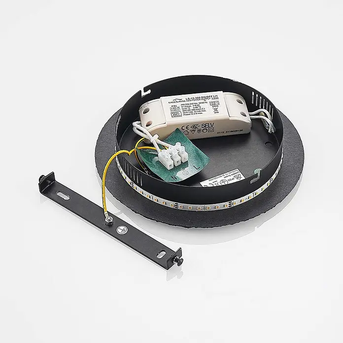 Lindby LED Wandleuchte innen in grau, schwarz, Wandlampe -  - Schwarze runde LED-Deckenleuchtenbasis mit integriertem LED-Treiber, Klemmenblock und LED-Streifen, dazu ein Montagebügel.