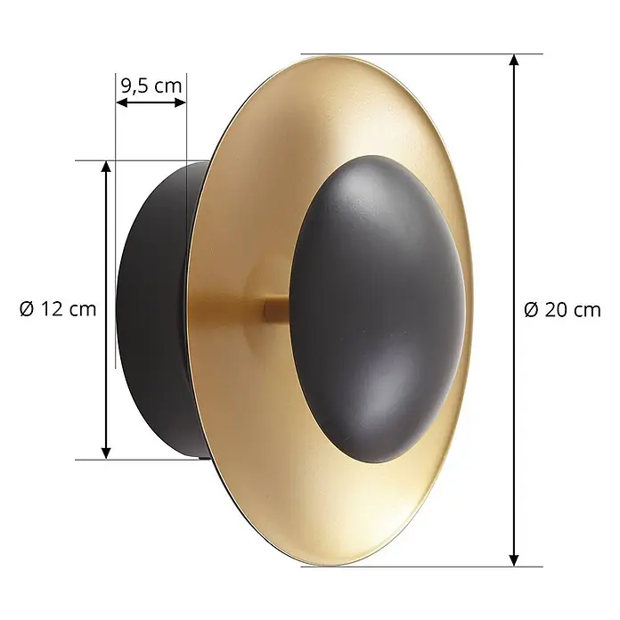 Lindby Wandleuchte Tiama - schwarz - Gold-schwarze Wandleuchte, Ø 20 cm, Rückenplatte Ø 12 cm, 9,5 cm tief.