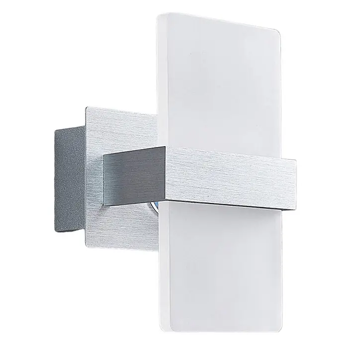 Lindby Wandleuchte Yorick - alu / grau / zink, weiß / opal - Moderne Wandleuchte mit gebürstetem Silbermetallfuß und mattiertem, weißem Rechteckdiffusor.
