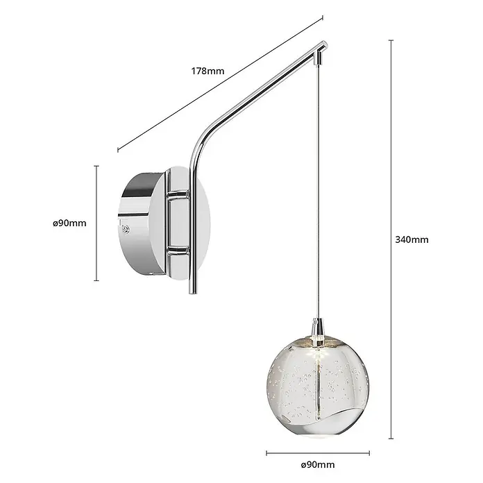 Lucande LED Wandleuchte innen in transparent, chrom, Wandlampe -  - Verchromte Wandleuchte mit gebogenem Arm und klarem Glas-Kugelpendel mit innerer Blasenstruktur.
