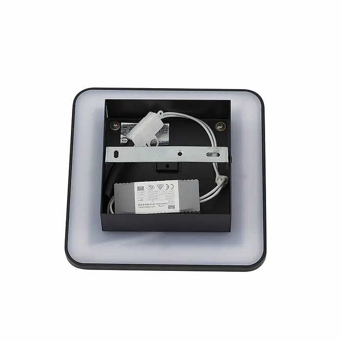 Lucande LED Wandleuchte innen in schwarz, Wandlampe -  - Rückseite einer quadratischen LED-Leuchte mit schwarzem Rahmen, internen Kabeln, LED-Netzteil und Montagehalterung.