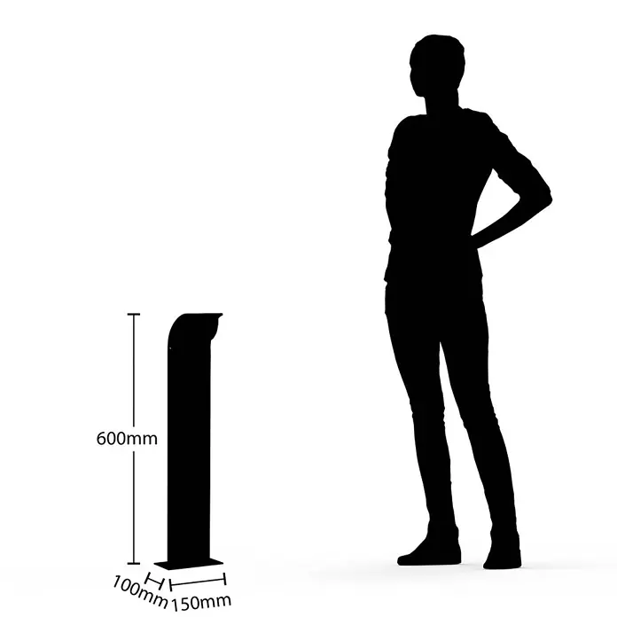 Lucande LED Sockelleuchte in anthrazit, weiß, Wegeleuchten außen -  - Schwarzer Poller mit den Maßen 600mm Höhe, 100x150mm Basis, neben einer menschlichen Silhouette zum Größenvergleich.