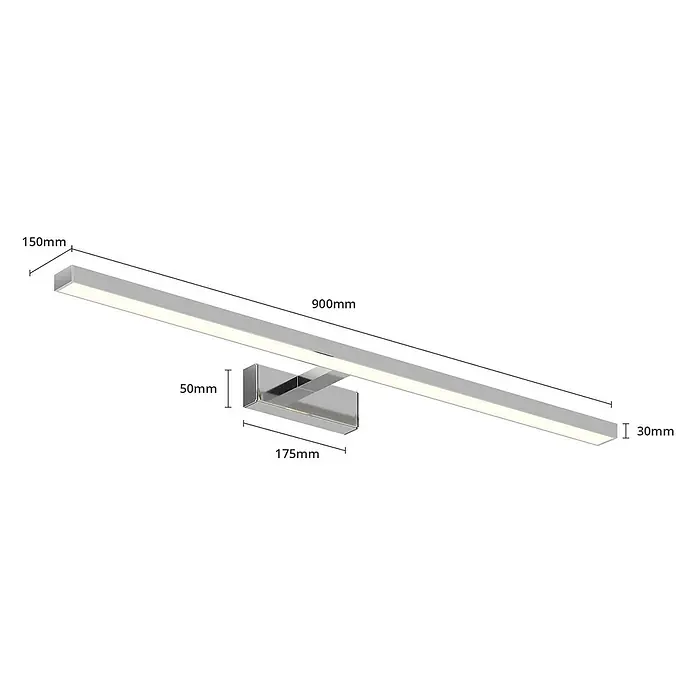 Lindby LED Wandleuchte innen in weiß, chrom, Wandlampe -  - Schlanke, silberne LED-Spiegelleuchte, 900mm lang und 30mm hoch, mit Maßangaben.