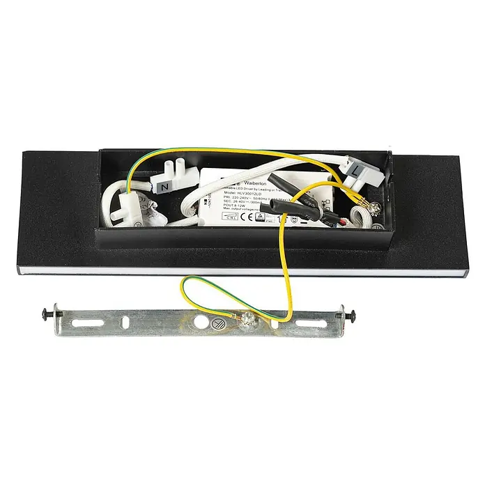 Lindby LED Wandleuchte innen in schwarz, up down Wandlampe -  - Schwarze, rechteckige LED-Leuchte mit freiliegender Innenverkabelung, LED-Treiber und separater Metallhalterung.